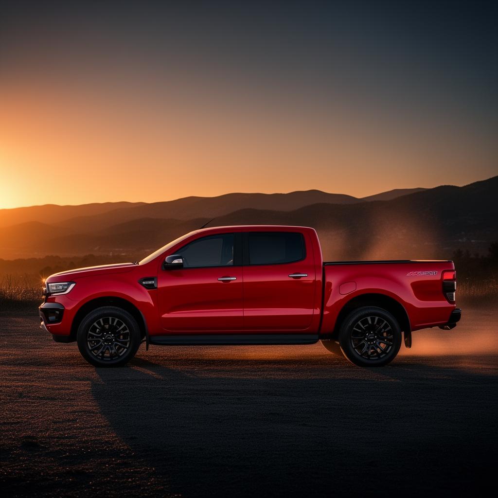 Red pickup truck at sunset